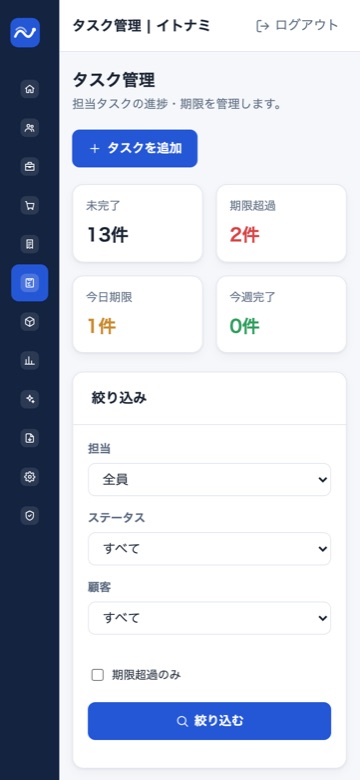 スマートフォン表示のタスク管理画面。